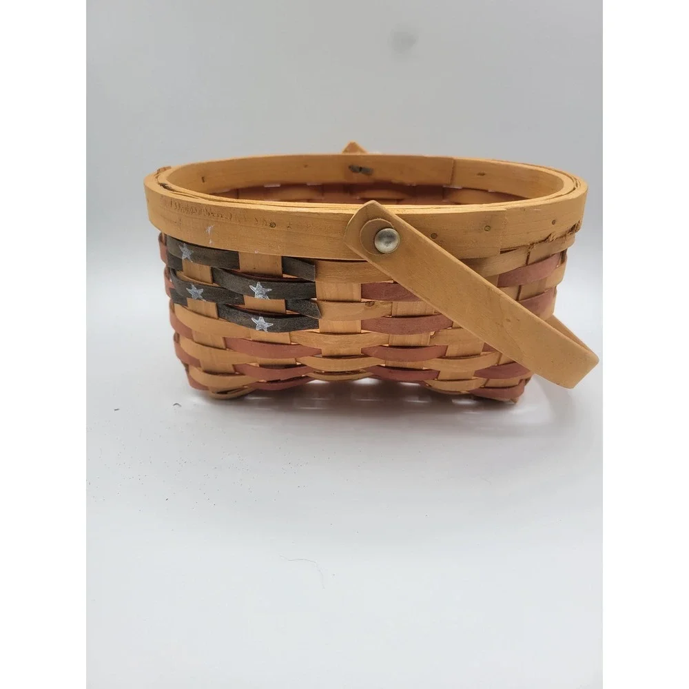 Patriotic Woven Wood Basket American Flag Stars Swing Handle Primitive Decor
